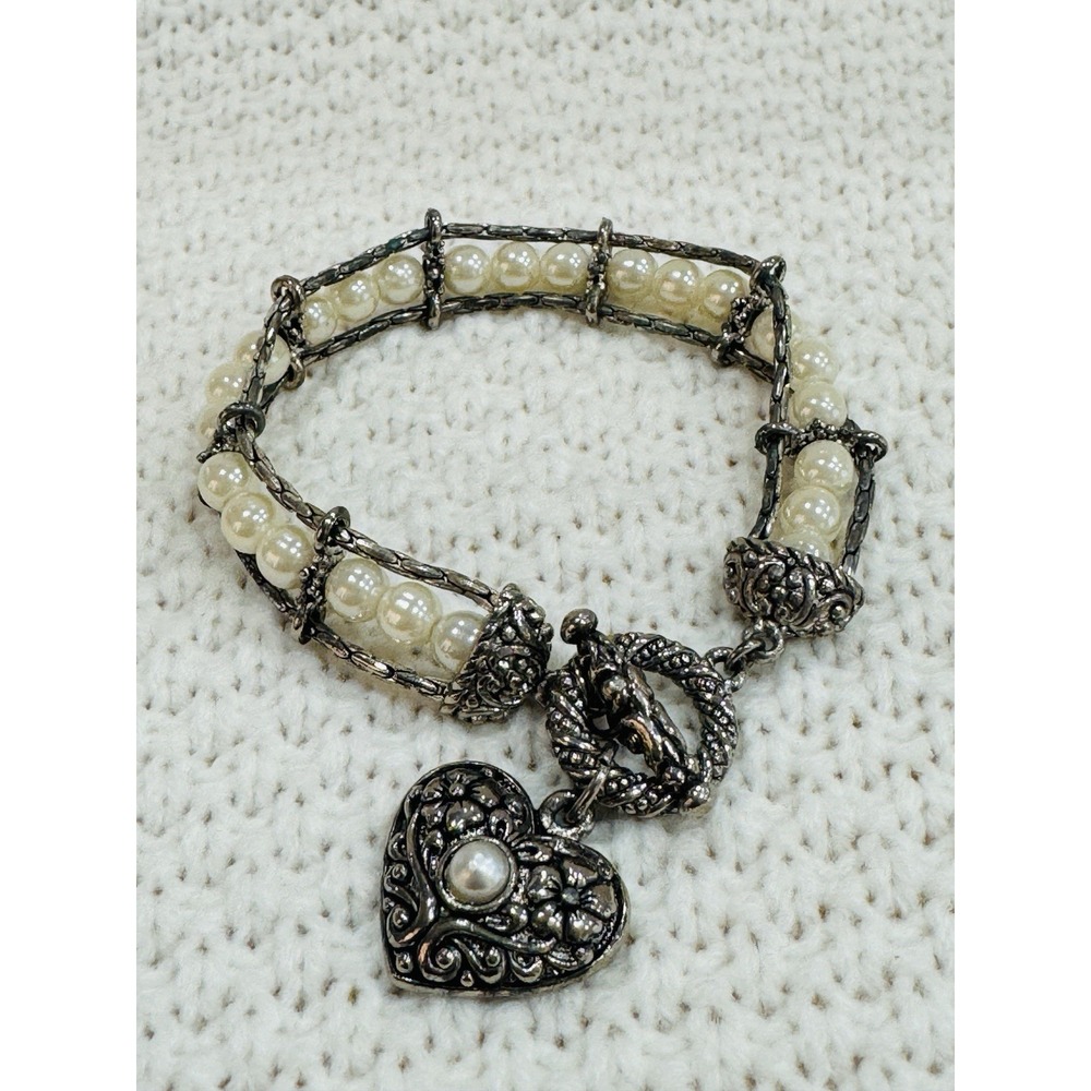 Vintage Faux Pearl Heart Charm Bracelet Silver Tone 8"